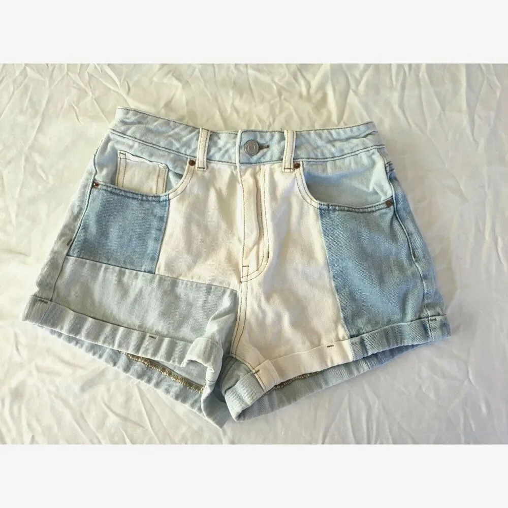 PacSun Two-Tone Colorblock Denim Jean Shorts - Light Blue & White- Size 26 waist